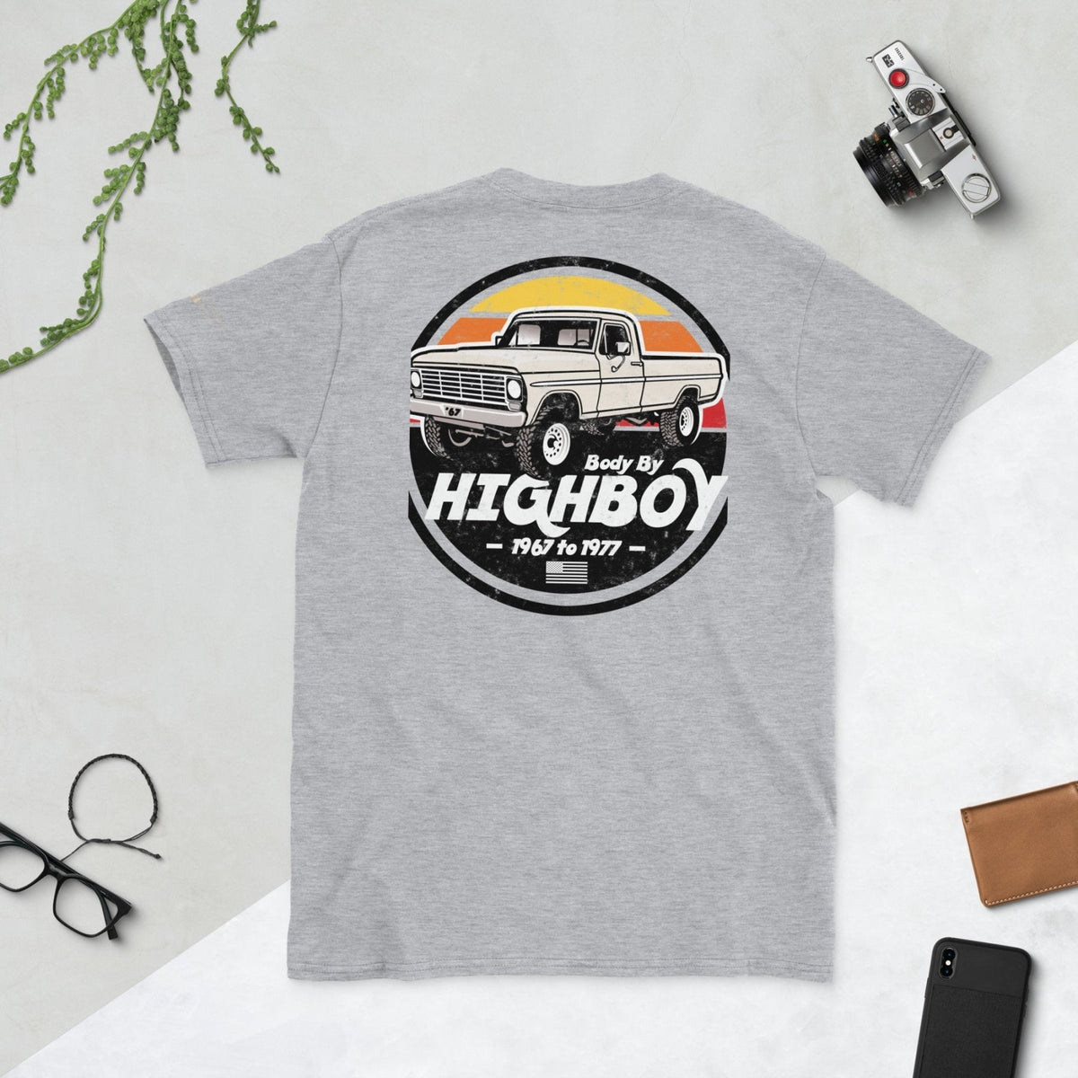 Body By Highboy T-shirt with the distressed vintage pickup badge labeled 1967–1977.