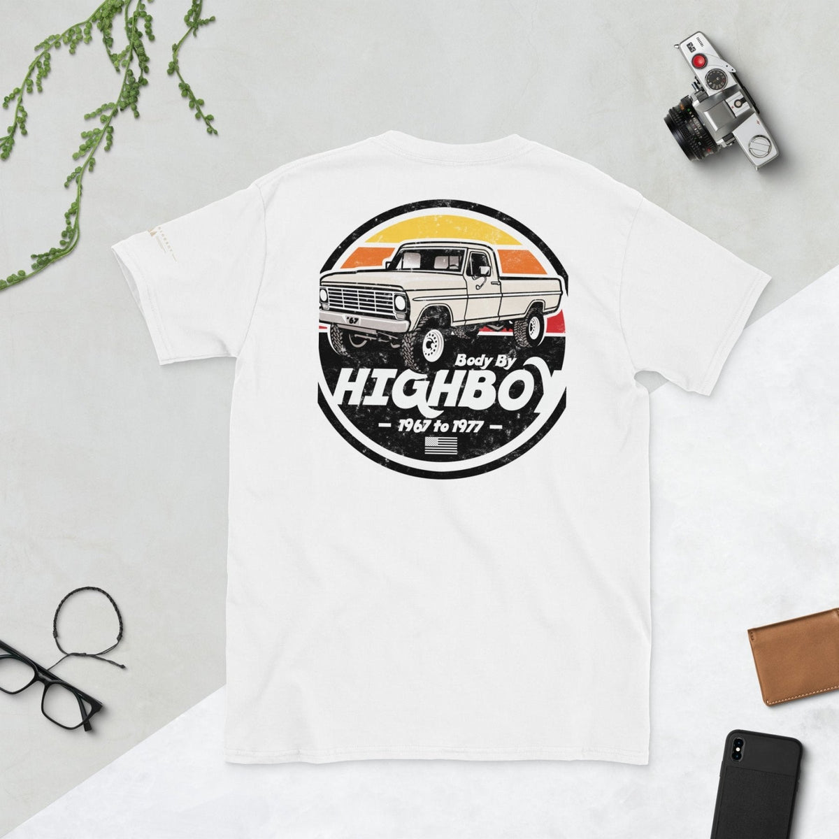 Body By Highboy T-shirt with the distressed vintage pickup badge labeled 1967–1977.