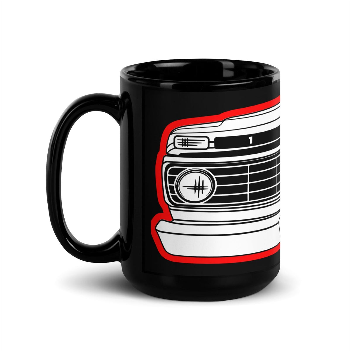 1975 Dentside Red Outline Truck Front 15 oz Black Ceramic Mug | Body By Highboy - vintage ford 1967–1979 Highboy, Bumpside, and Dentside truck design – BodyByHighboy