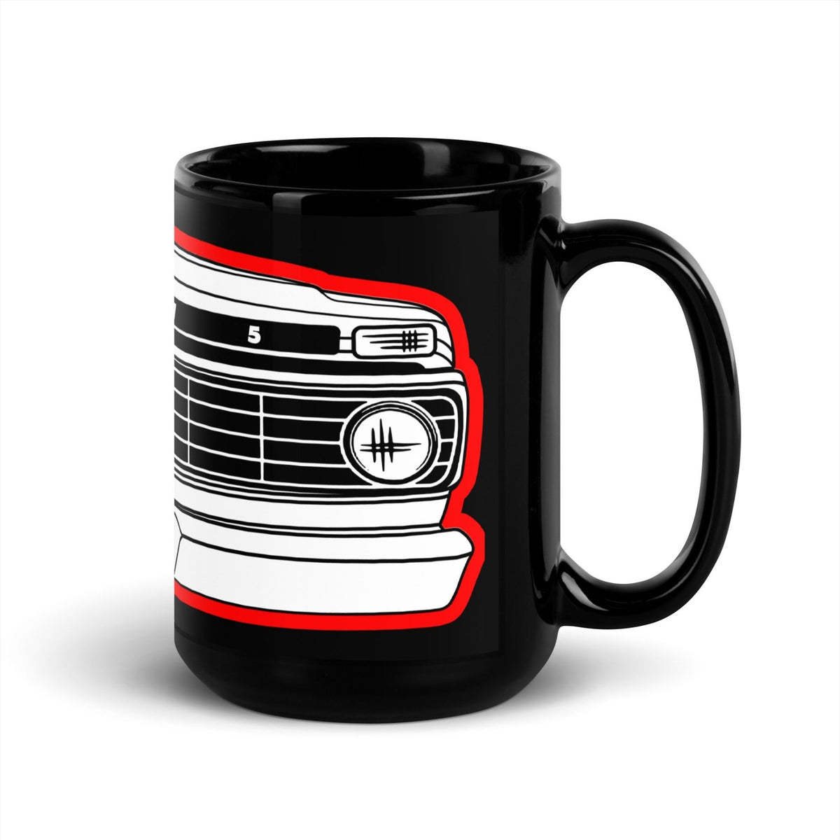 1975 Dentside Red Outline Truck Front 15 oz Black Ceramic Mug | Body By Highboy - vintage ford 1967–1979 Highboy, Bumpside, and Dentside truck design – BodyByHighboy