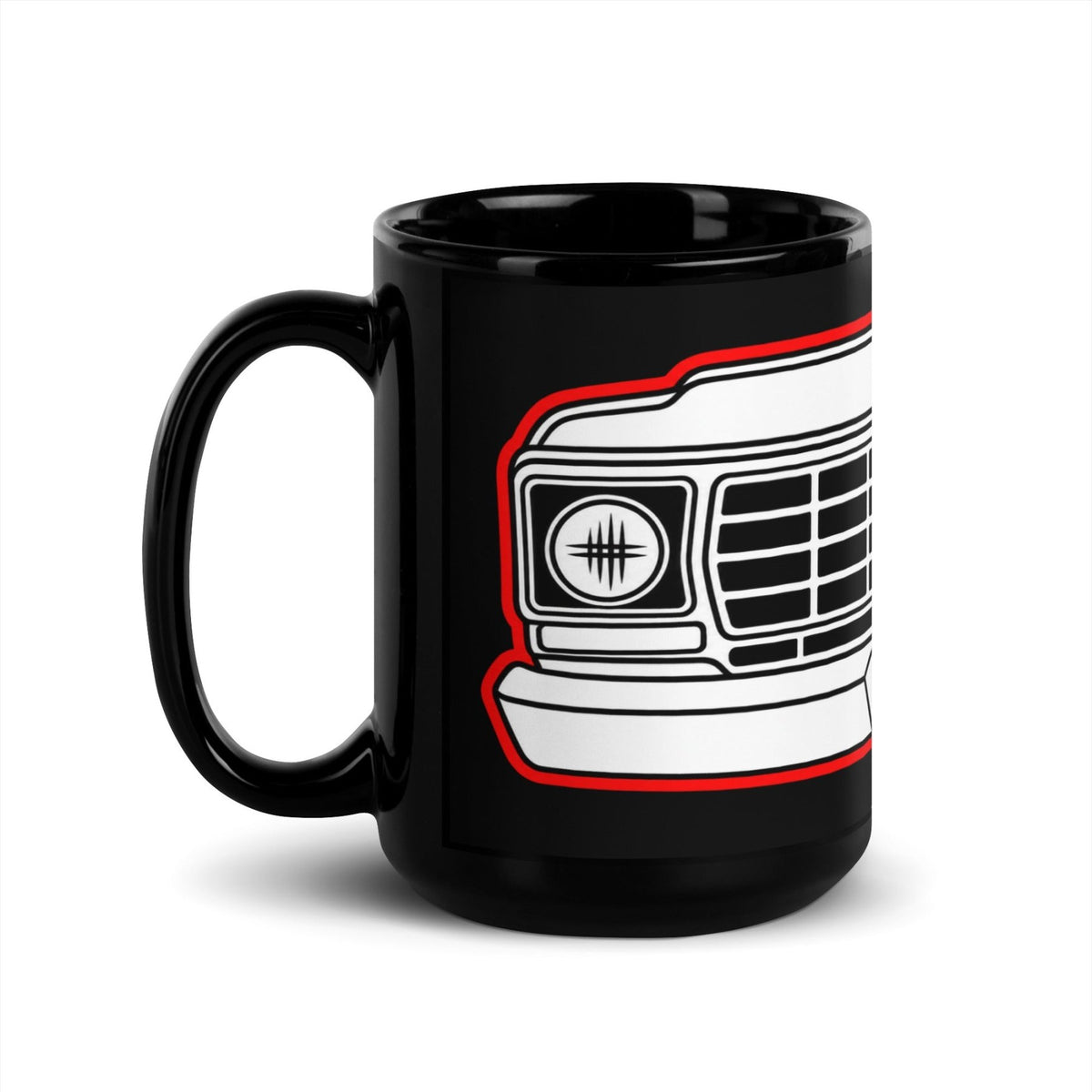 1978 Dentside Red Outline Truck Front 15 oz Black Ceramic Mug | Body By Highboy - 1973–1979 Ford Dentside truck gear – Body By Highboy