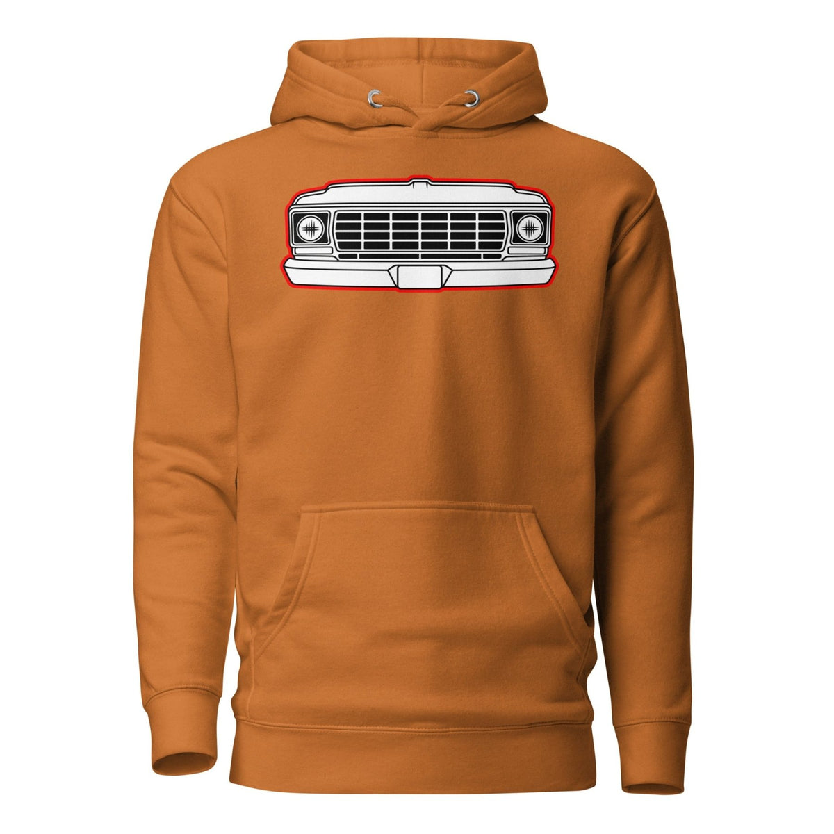 1978 Dentside Red Outline Truck Front Hoodie | Body By Highboy - vintage ford 1967–1979 Highboy, Bumpside, and Dentside truck design – BodyByHighboy