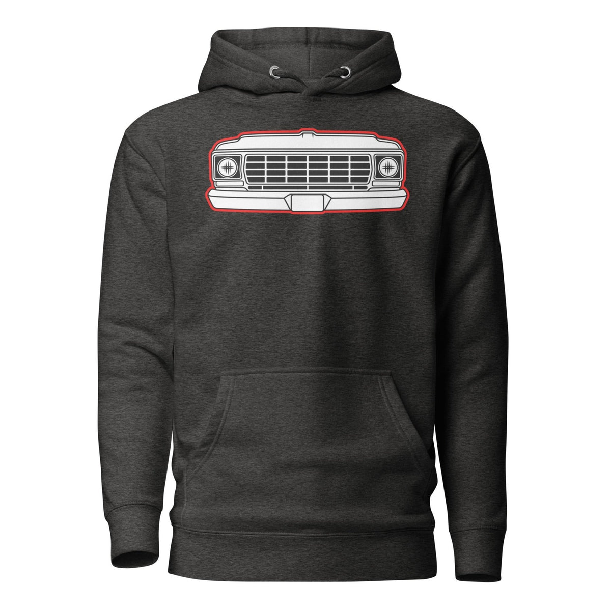 1978 Dentside Red Outline Truck Front Hoodie | Body By Highboy - 1973–1979 Ford Dentside truck gear – Body By Highboy