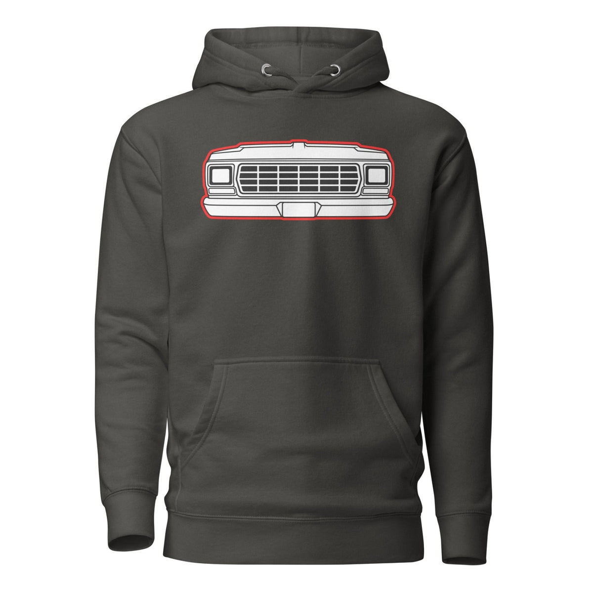 1979 Dentside Red Outline Truck Front Hoodie | Body By Highboy - 1973–1979 Ford Dentside truck gear – Body By Highboy