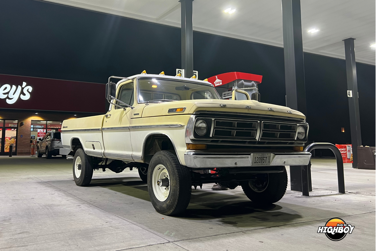 Sara’s cream and white 1969 Ford truck photographed at night