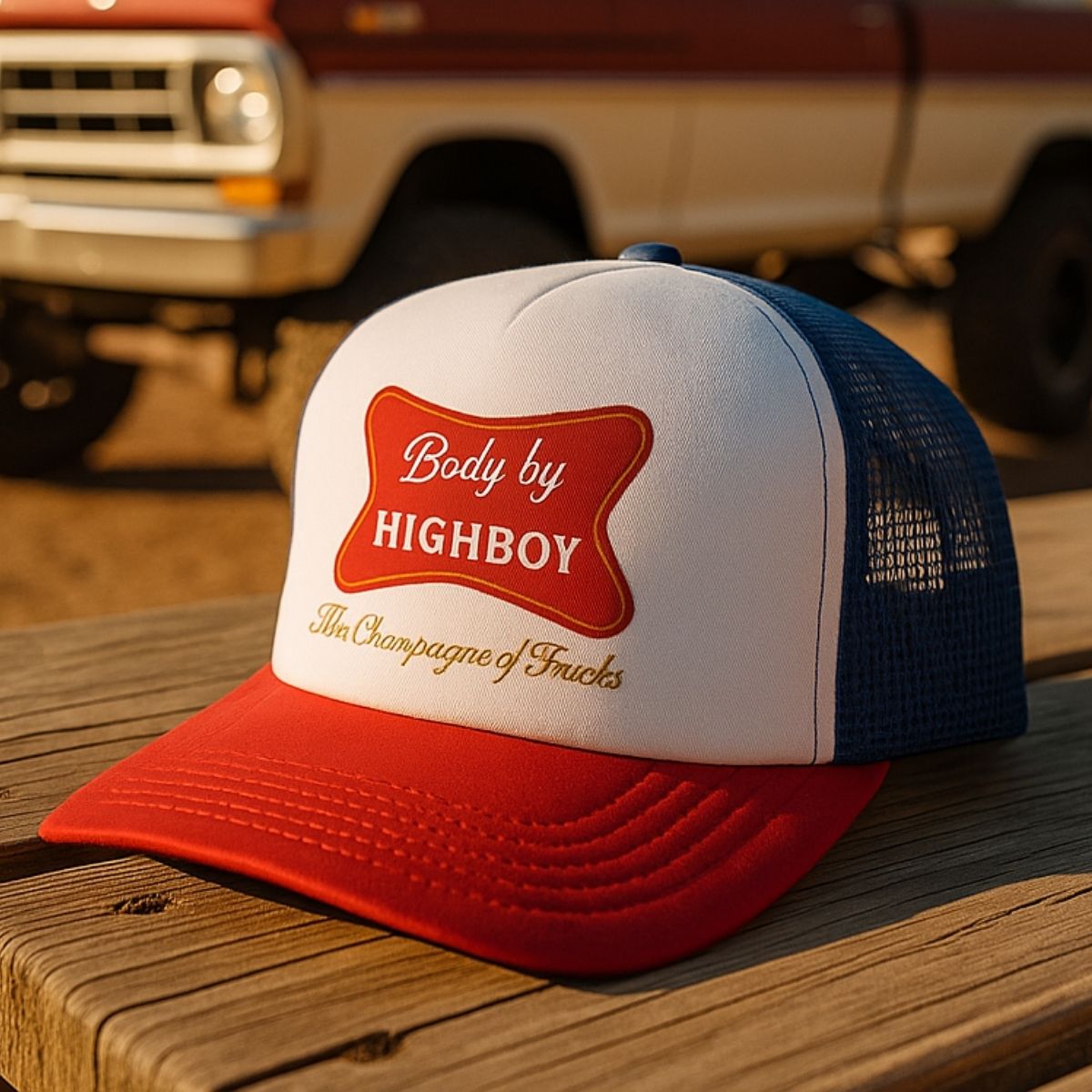 "Champagne Of Trucks" Foam Trucker Hat - vintage ford 1967–1979 Highboy, Bumpside, and Dentside truck design – BodyByHighboy