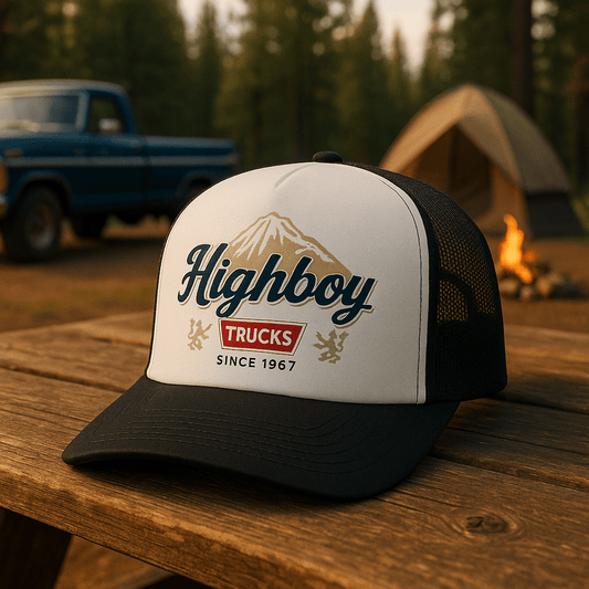 "Rocky Mountains" Foam Trucker Hat - vintage ford 1967–1979 Highboy, Bumpside, and Dentside truck design – BodyByHighboy