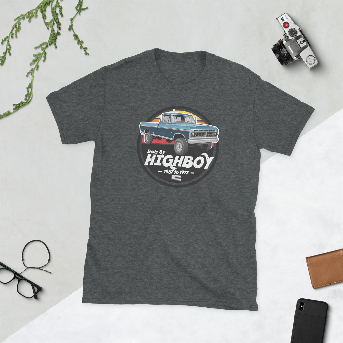 1976, 1977 / Blue / Original Body By Highboy T-Shirt (Distressed Design) - BodyByHighboy Ford F250 Highboy Bumpside Dentside